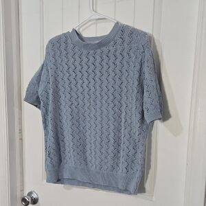 Alfred Dunner Blue Pointelle Knit Short Sleeve Sweater – M (Made in USA)